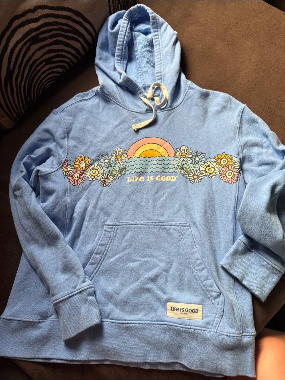 Life Is Good Light Blue Hoodie with Retro Rainbow & Floral Graphic